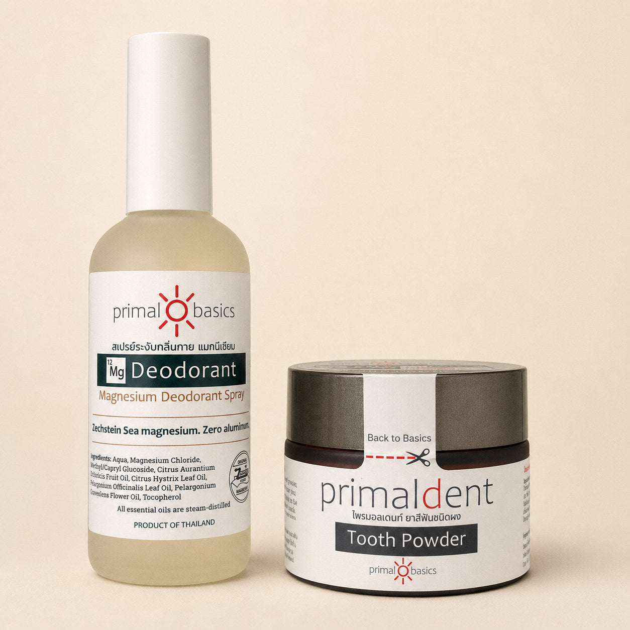 The Essentials Set — PrimalBasics Magnesium Deodorant 100ml and PrimalDent Mineral Tooth Powder on cream background