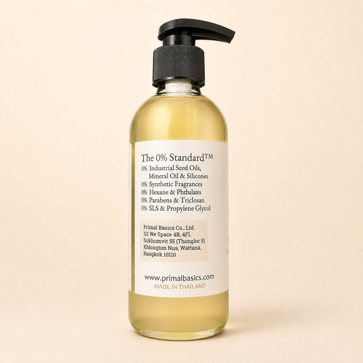 Bio Clean back label — The 0% Standard exclusions and Primal Basics company details