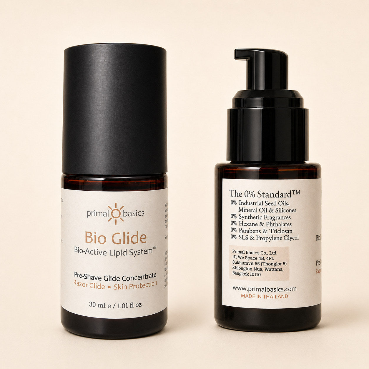 Bio Glide bottle front and back showing The 0% Standard exclusions and Primal Basics company details