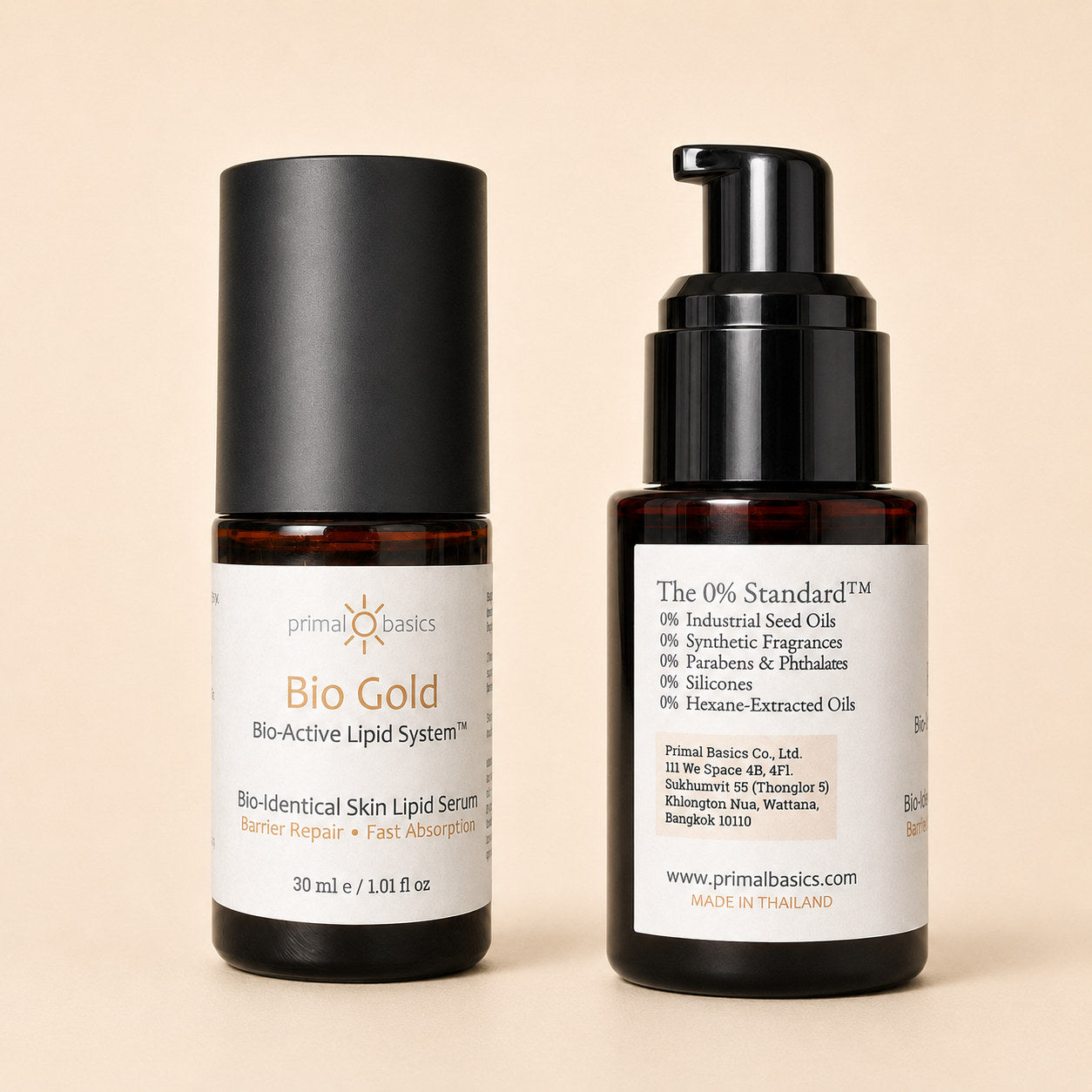 Bio Gold bottle front and back showing The 0% Standard exclusions and Primal Basics company details