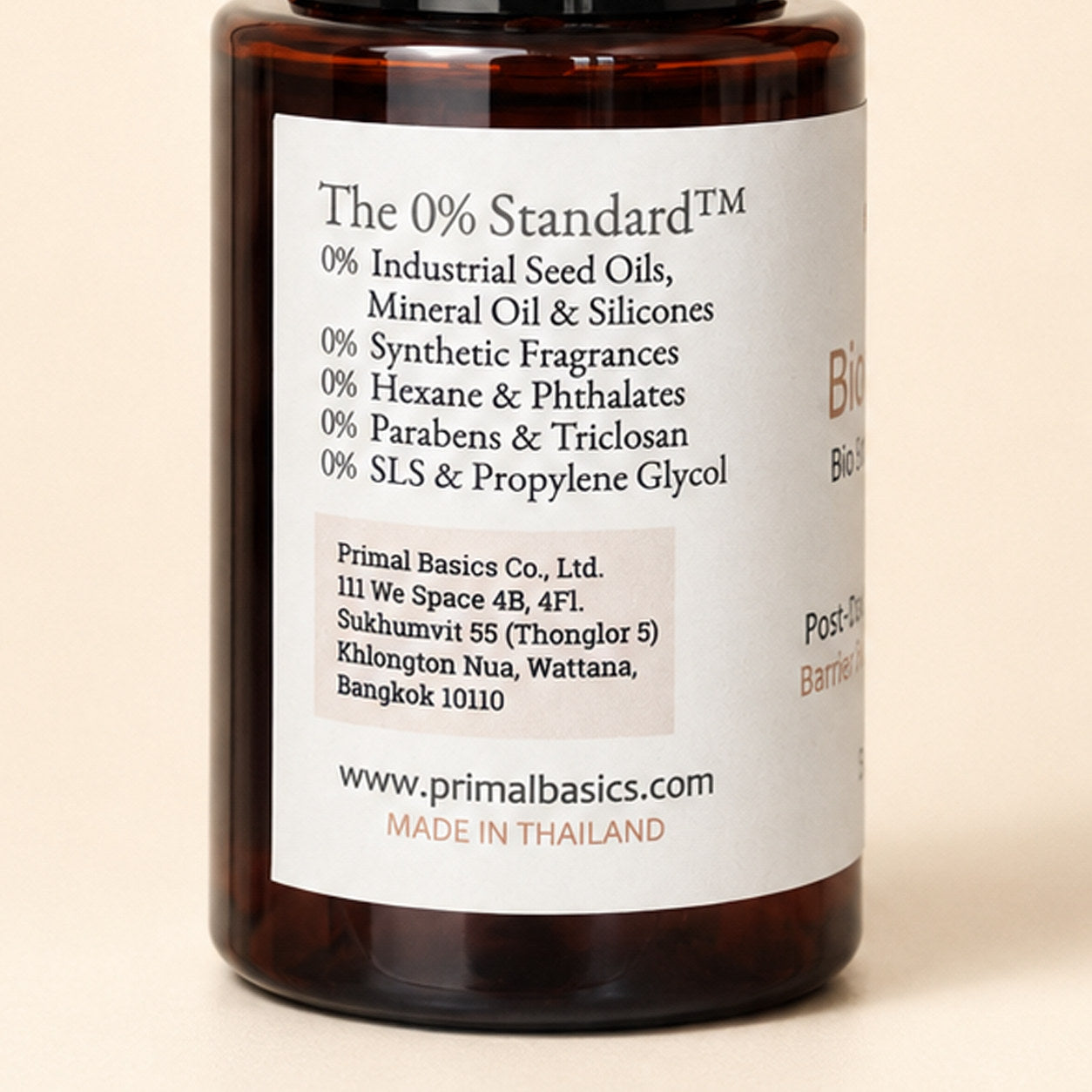 Bio Recovery back label zoom — The 0% Standard exclusions and Primal Basics company details