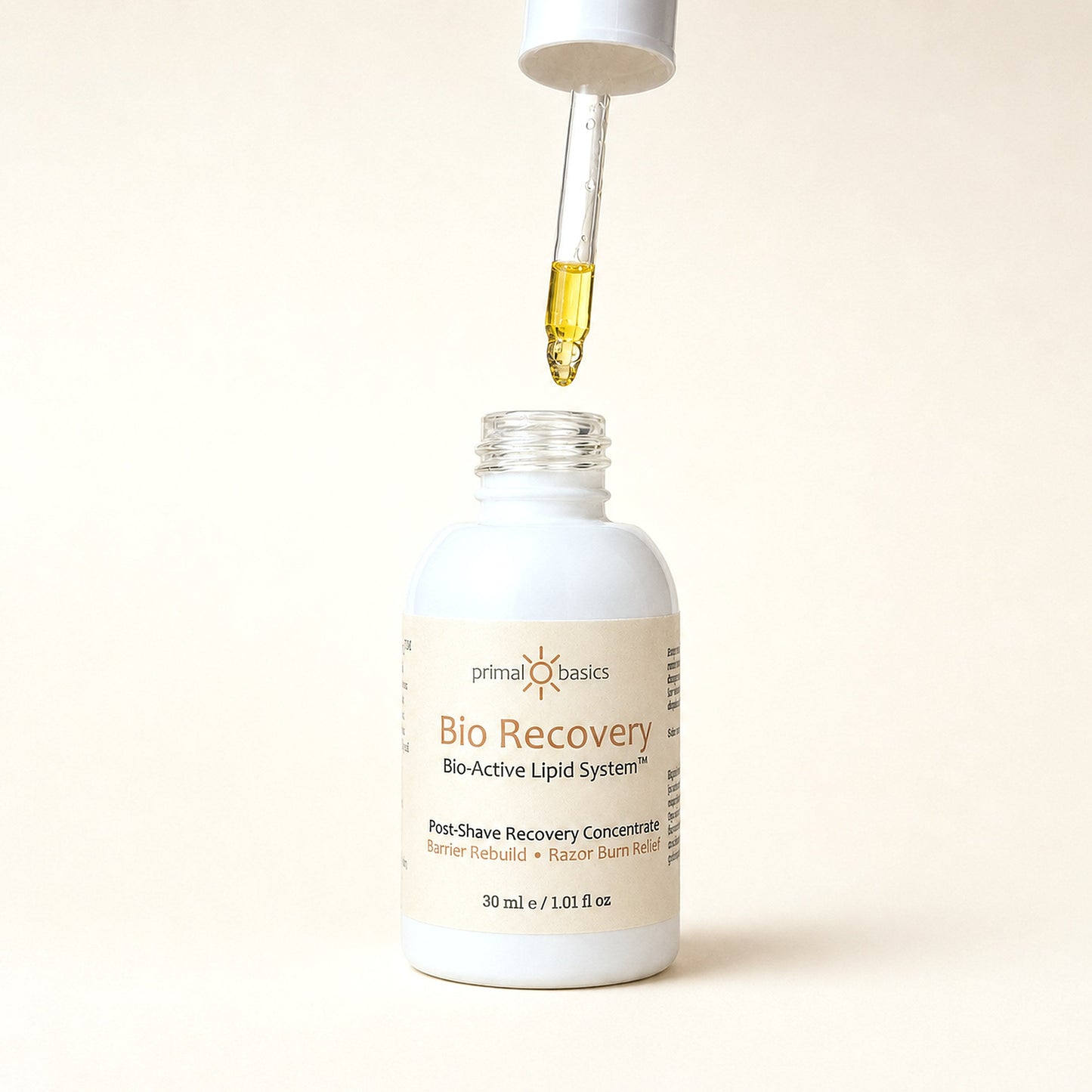 Bio Recovery dropper releasing a golden oil droplet above the bottle
