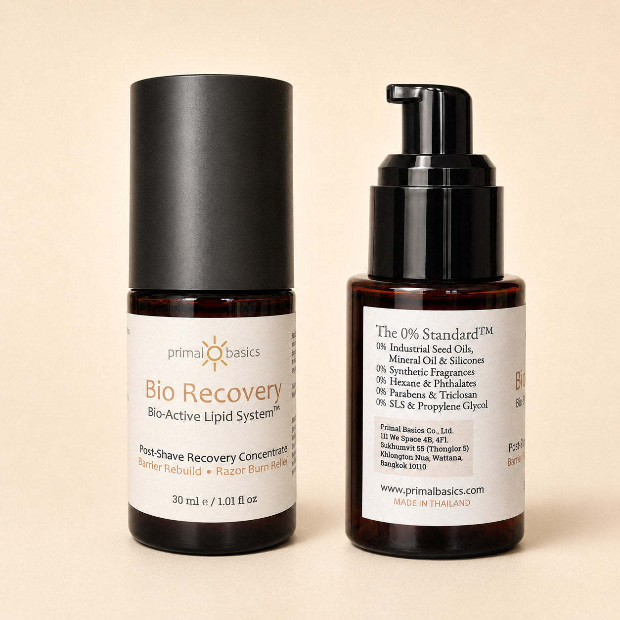 Bio Recovery bottle front and back showing The 0% Standard exclusions and Primal Basics company details