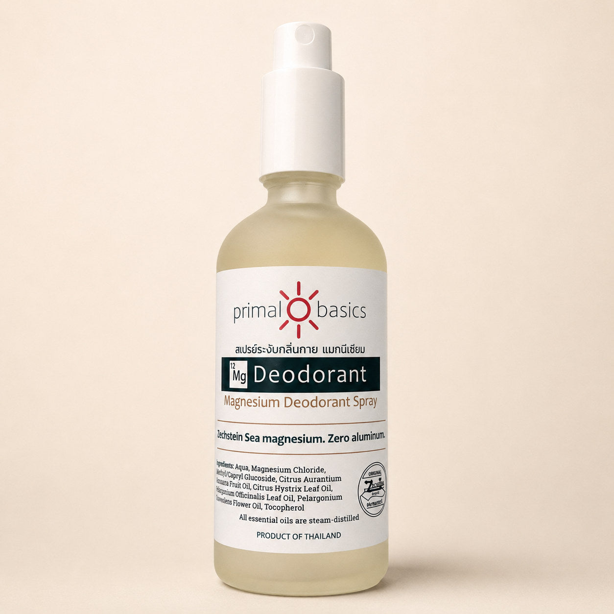 Magnesium Deodorant 100ml — bottle with cap off showing spray nozzle