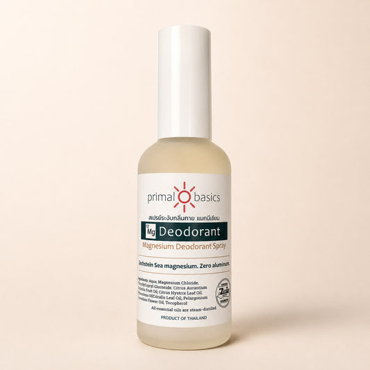 Magnesium Deodorant 100ml — PrimalBasics aluminum-free spray, front of bottle