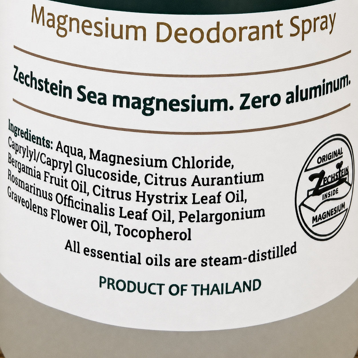 Magnesium Deodorant ingredients panel — aqua, magnesium chloride, citrus and botanical oils