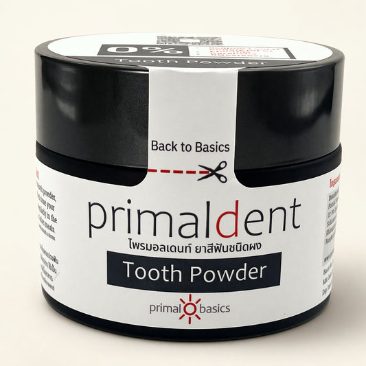 PrimalDent mineral tooth powder — 40g jar, front view with label