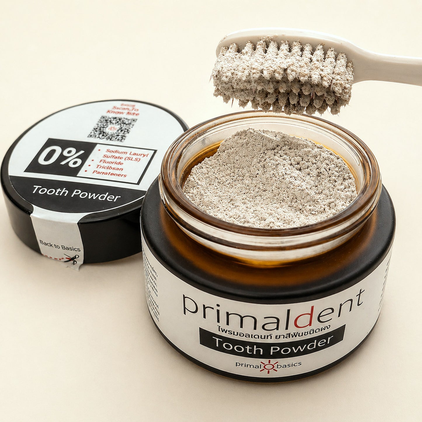 PrimalDent jar opened, showing the fine mineral tooth powder inside