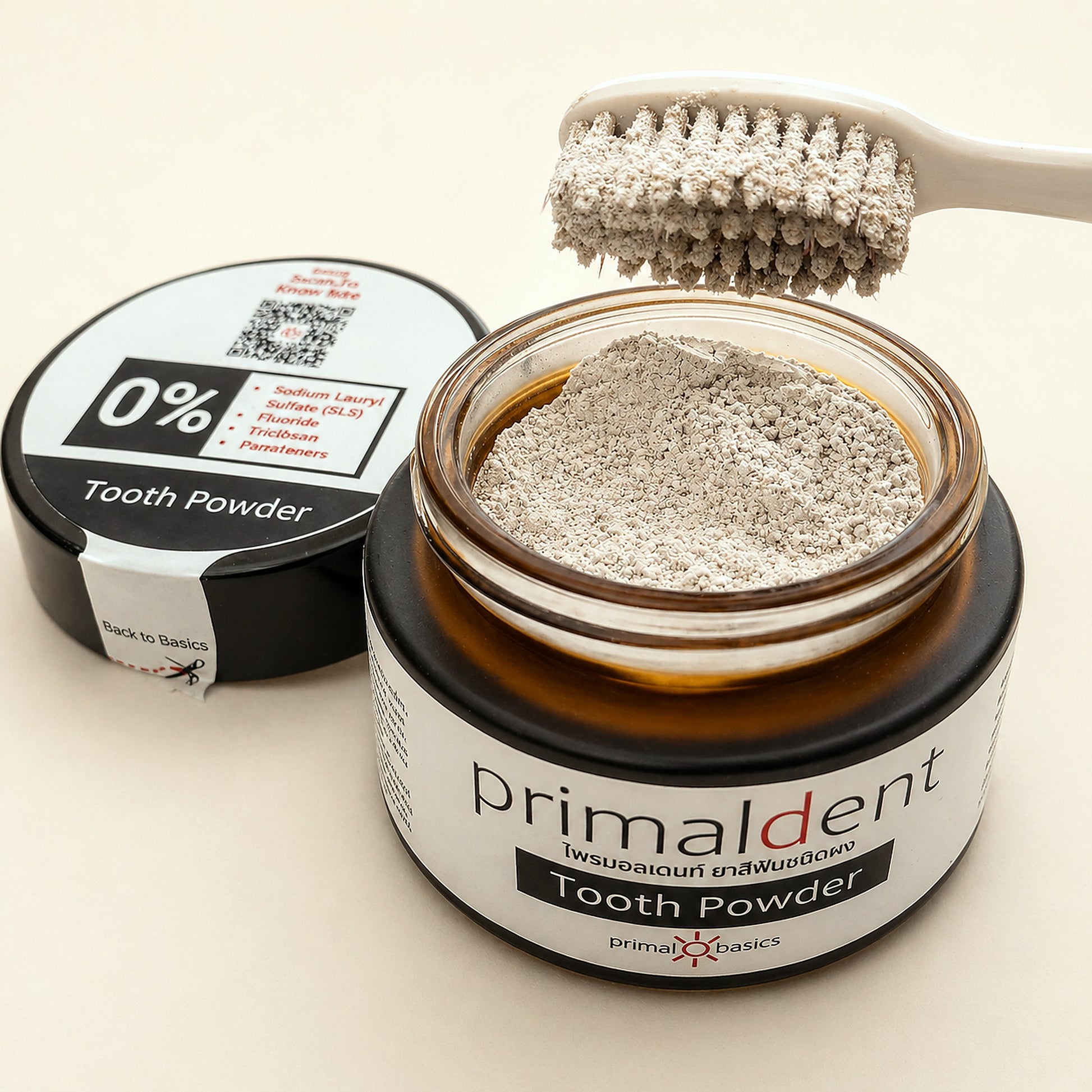 PrimalDent jar opened, showing the fine mineral tooth powder inside
