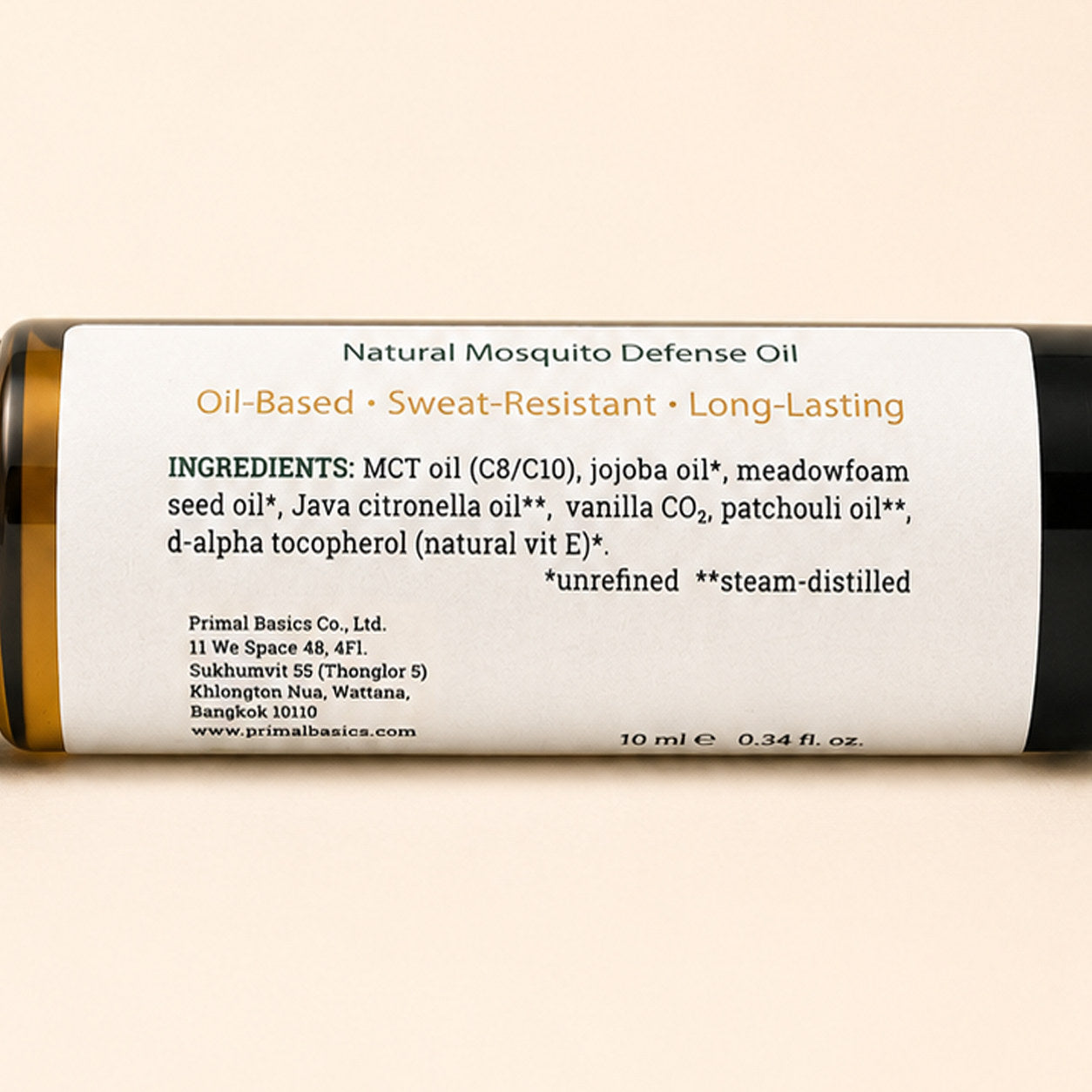 Repel features panel zoom — Natural Mosquito Defense Oil, oil-based sweat-resistant long-lasting, full ingredient list